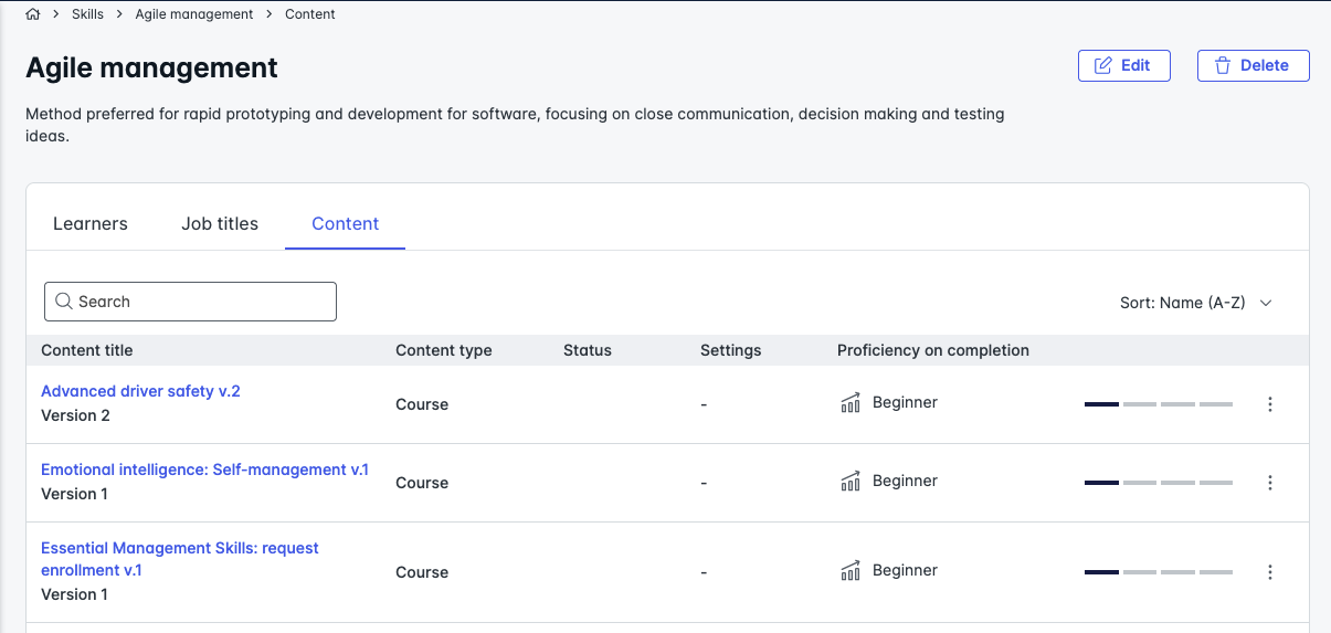 skills content tab with courses or learning journeys and proficiency outcome.png